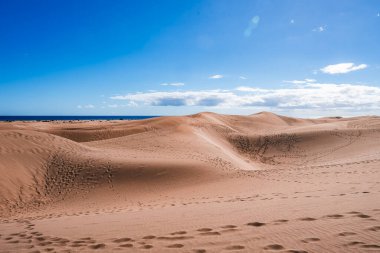 Altın kum tepecikleri, Büyük Kanarya 'da Atlantik' e doğru dalgalanır. Ayak izleri yumuşak çıkıntıları işaret ediyor. Parlak gün ışığı kıyı şeridinde uzun ve yumuşak gölgeler bırakır..