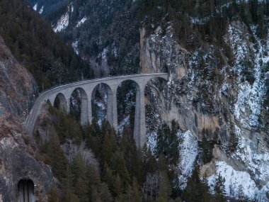 Landwasser Viaduct kavşağının altı taş kemeri Graubunden, İsviçre 'deki bir uçurum tüneline açılıyor. Kozalaklı ağaçlar ve kaya duvarlarındaki karlar soğuk mevsimi işaret ediyor..