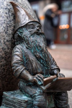 Wroclaw, Polonya 'nın bronz heykeli granit bir kayanın yanında istiflenmiş sayfalarda açık bir kitap okuyor. Yumuşak yüzeysel alan, yıpranmış tabakasını izole eder..