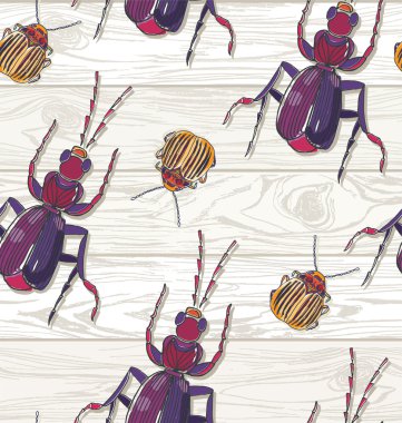 Ahşap arka plan üzerinde el çizilmiş Beetles. Dikişsiz desen. 