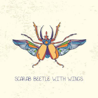 Kanatları yla elle çizilmiş Scarab böceği. Çok renkli vektör illustrati