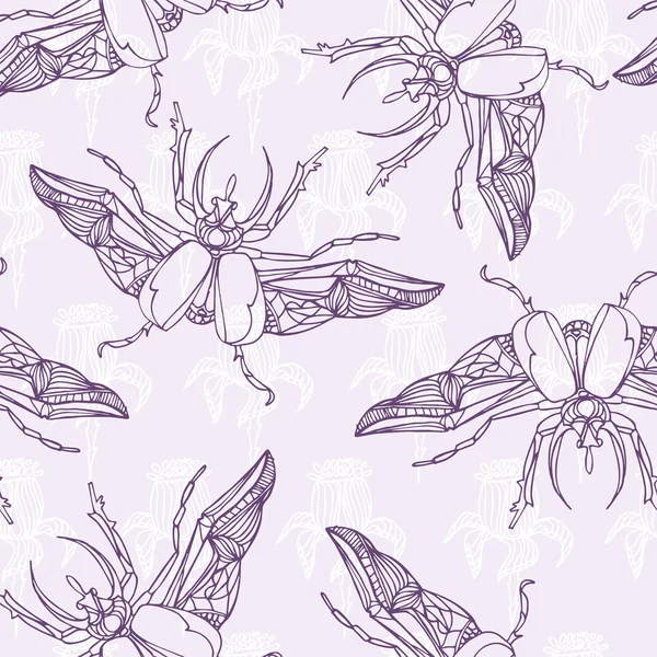 Hand drawn Beetles seamless pattern with flowers. Can be used fo — Stock Photo, Image