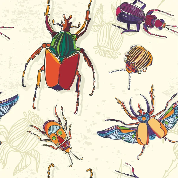 El çizilmiş Beetles dikişsiz desen. Kartpostal için kullanılabilir, t — Stok fotoğraf