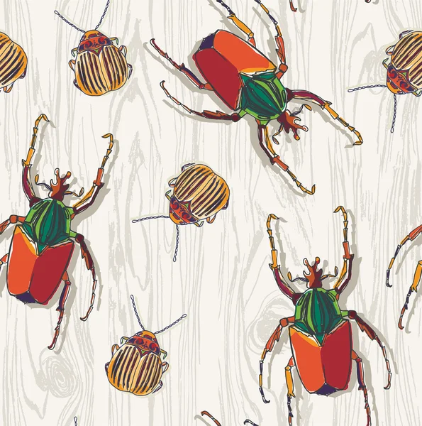 Ahşap arka plan üzerinde el çizilmiş Beetles. Dikişsiz desen. — Stok fotoğraf