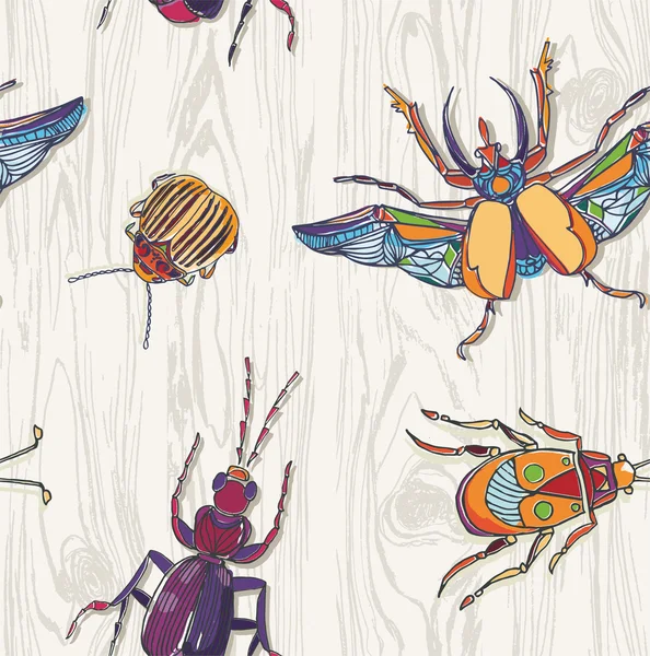 Ręcznie rysowane chrząszcze na drewnianym tle. Bezszwowy wzór. Insec — Zdjęcie stockowe