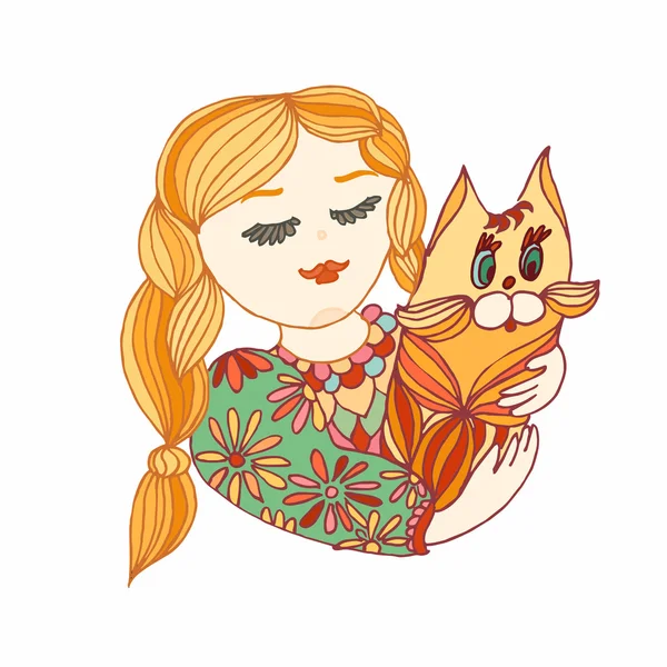 Young girl with a cat. Yellow, green and red vector decorative i