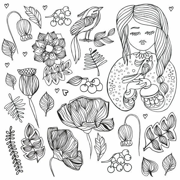 Doodle flowers and girl with bird. Valentines day set.anti stre