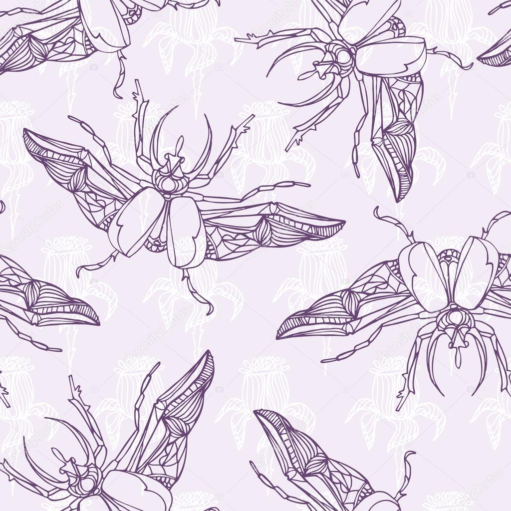 Hand drawn Beetles seamless pattern with flowers. Can be used fo