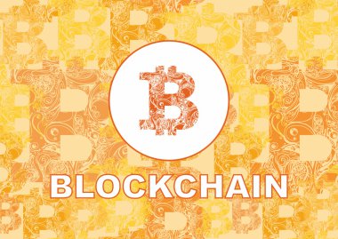 bitcoin sembol ve kelime blockchain turuncu zemin üzerine