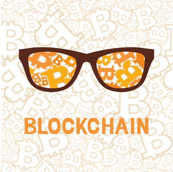 Símbolo de bitcoin y blockchain letra sobre fondo naranja — Foto de Stock