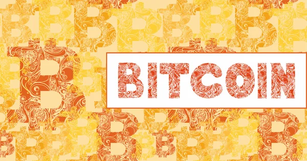 Symbol i słowo blockchain Bitcoin na pomarańczowym tle — Zdjęcie stockowe