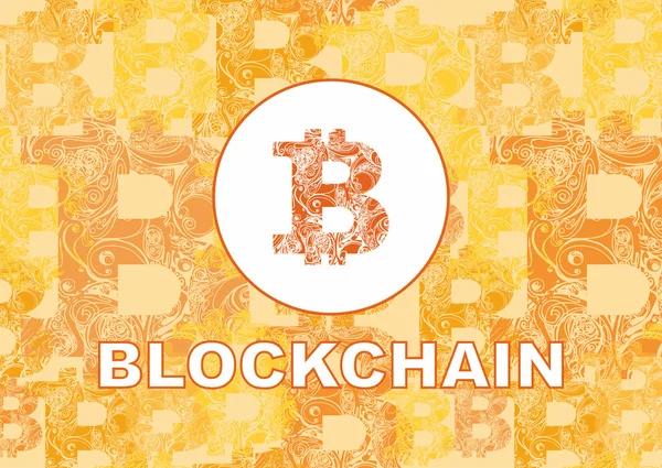 Bitcoin-Symbol und Wort Blockchain auf orangefarbenem Hintergrund — Stockfoto