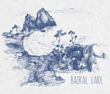 manzara kutsal Baykal Gölü'nün çizim ver. Vektör illustratio