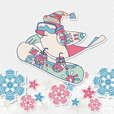 Mutlu yeni yıl kartı kuş snowboard ve çok renkli snowfla