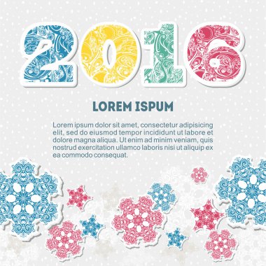 Mutlu yeni yıl kartı şablonu çok renkli figürleriyle