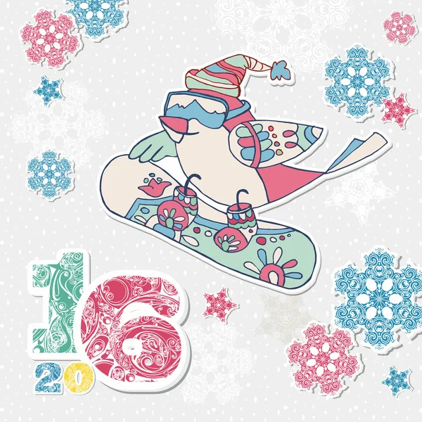 Gott nytt år kort med fågel snowboardåkare, multicolor siffrorna 20 — Stock vektor