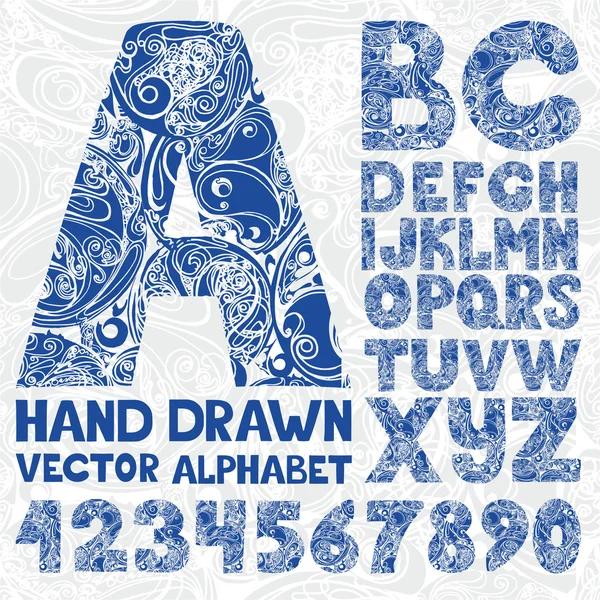 Decoratieve sierlijke alfabet. Hand tekenen vector nummer en typog — Stockvector