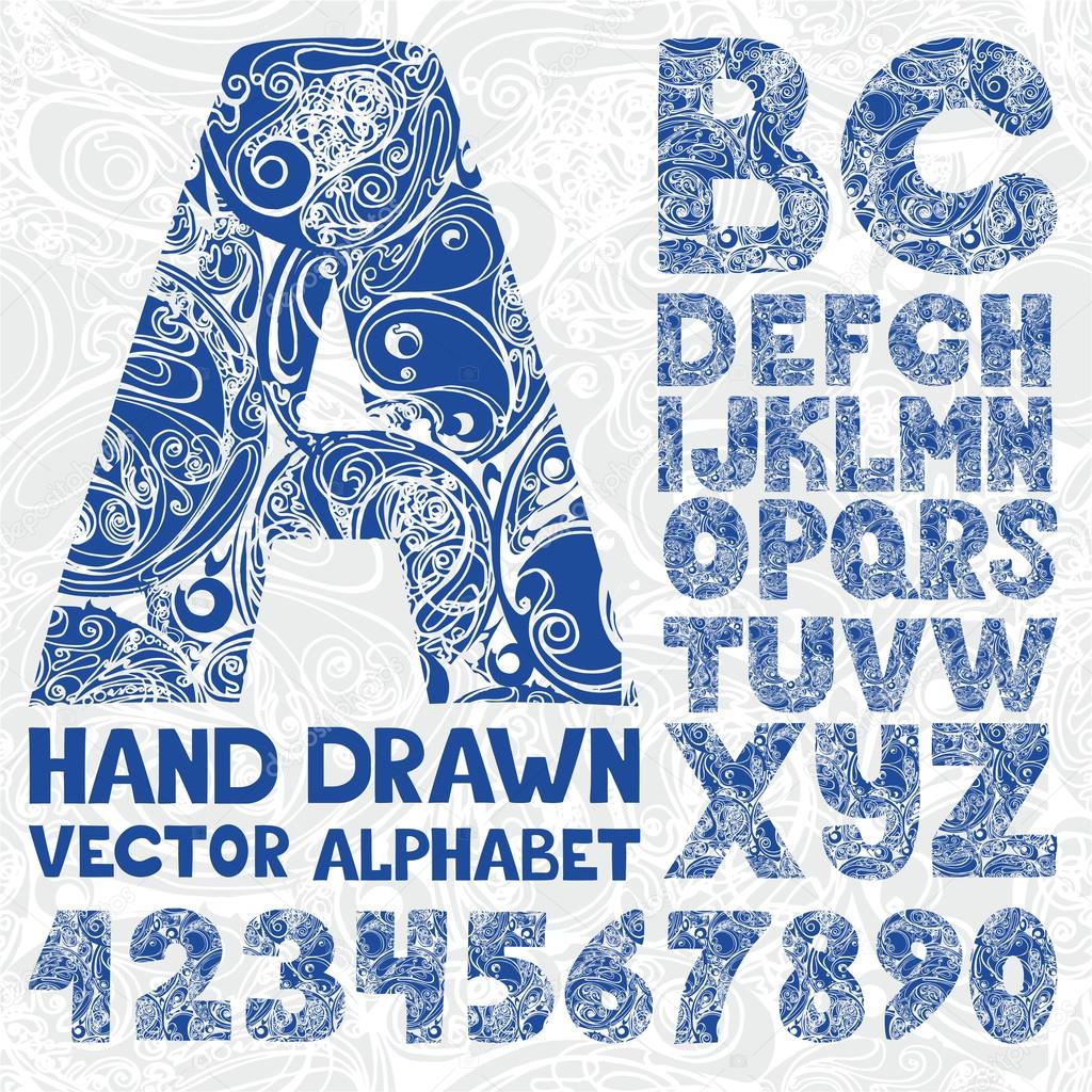 Decorative ornate alphabet. Hand drawing vector number and typog