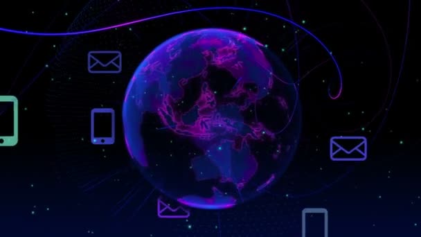 Animação digital terrestre com ícones de comunicação . — Vídeo de Stock