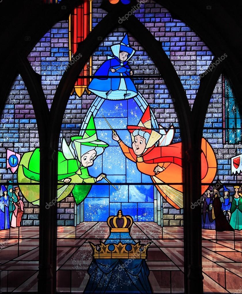 Disney Stain Glass Window Of The Three Fairy Godmothers Stock