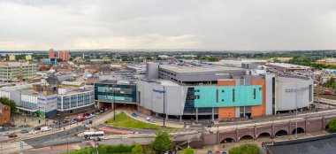 DONCASTER, UK - SPETEMBER 7, 2021.  An aerial view of the exterior of Doncaster Frenchgate Shopping centre clipart