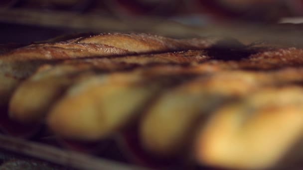 Regale mit frischem Knusperbrot in der Bäckerei — Stockvideo