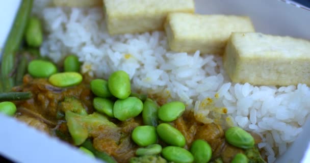 Γκρο πλαν άποψη του δρόμου τροφίμων vegan κάρυ με ρύζι, φασόλια και tofu περιστρέφεται σε ένα χάρτινο κουτί τροφίμων. Κινηματογραφημένο με κόκκινη κάμερα. — Αρχείο Βίντεο