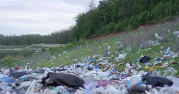 Natura z opuszczonym składowiskiem odpadów na zachmurzonym horyzoncie nieba. Nagrywane w zwolnionym tempie kamerą RED. — Wideo stockowe