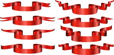 kırmızı renkli şerit gerçekçi parlak vektör illüstrasyon seti. Web tasarımı, simge, sayfa öğesi. Başlık, tebrik, tebrik kartı elemanı.