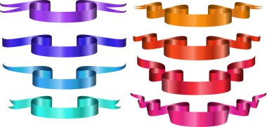 mor, turuncu, pembe, mor, su, kırmızı, mavi, açık mavi, renkli kurdele gerçekçi parlak vektör illüstrasyon seti. Web tasarımı, simge, sayfa öğesi. Başlık, tebrik, tebrik kartı elemanı.