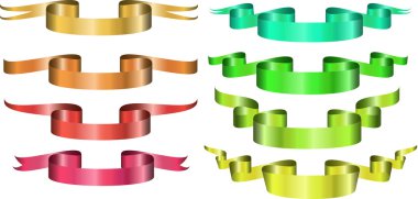 yeşil, kırmızı, mor, turuncu, su, turkuaz, sarı renkli kurdele gerçekçi parlak vektör illüstrasyon seti. Web tasarımı, simge, sayfa öğesi. Başlık, tebrik, tebrik kartı elemanı.