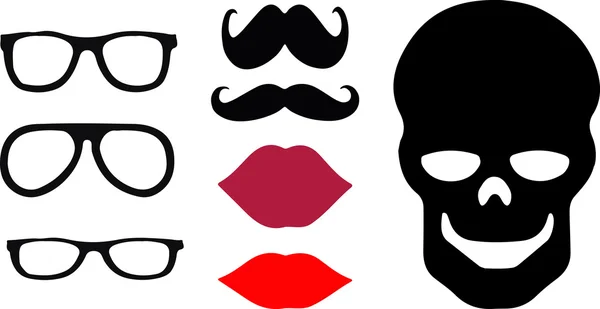 Cráneo, labios, bigote, gafas, plano, logotipo, vector — Vector de stock