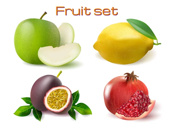 Realistische 3D Fruchtvektor Set Illustration. Passionsfrucht, Granatapfel, Zitrone und Apfel Image für Banner, Poster, Werbung, Webdesign, Kaffee. — Stockvektor