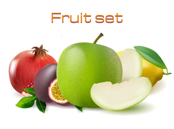 Realistische 3D Fruchtvektor Set Illustration. Passionsfrucht, Granatapfel, Zitrone und Apfel Image für Banner, Poster, Werbung, Webdesign, Kaffee. — Stockvektor