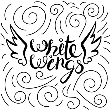 beyaz harflerle izole metin calligrapgic kıvırcık tarzı kanatlar. Baskı, poster, kartları, davetiyeleri için yazıt. Elle çizilmiş vektör çizim, web tasarım öğesi, beyaz siyah