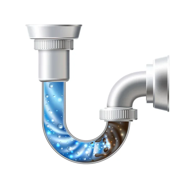 Tubo de drenaje vectorial plateado con limpiador líquido — Vector de stock