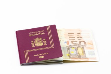 Avrupa Birliği para birimi banknotlar ile İspanyol pasaportu
