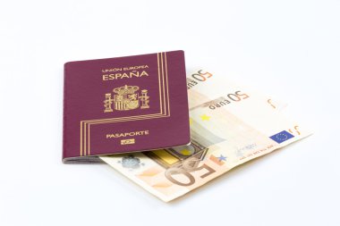 Avrupa Birliği para birimi banknotlar ile İspanyol pasaportu