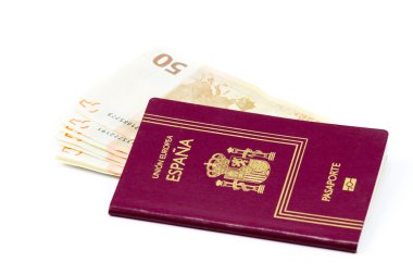 Avrupa Birliği para birimi banknotlar ile İspanyol pasaportu