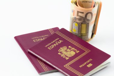 Avrupa Birliği para birimi banknotlar ile İspanyol pasaportu
