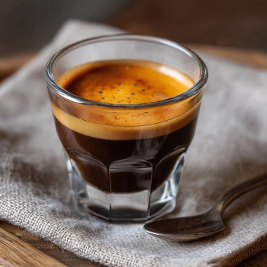Bir bardak espresso ve keten peçetenin üstünde kaşık.