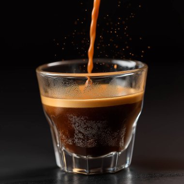Temiz bir bardağa bir bardak espresso dökülüyor, zengin bir krema ve davetkar bir koku yaratıyor.