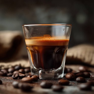 Etrafına kahve çekirdekleri serpiştirilmiş bir bardak espresso.