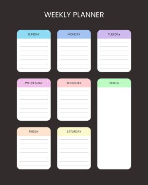 Renkli pastel başlıkları, günlük kutular ve büyük notlar içeren minimalist haftalık planlama şablonu. Görevleri, programları ve anımsatıcıları düzenlemek için mükemmel.
