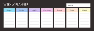 Koyu arkaplanda haftalık vektör planlayıcı şablonu. Program, görev yönetimi ve kişisel üretkenlik planlaması için yedi günlük sütunlara sahip işlevsel düzenleyici.