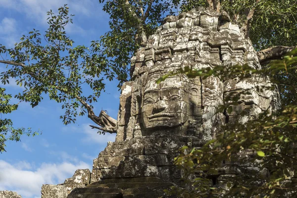 Αρχαία πέτρα Buddhas αντιμετωπίσει στο δάσος του Angkor Καμπότζη — Φωτογραφία Αρχείου