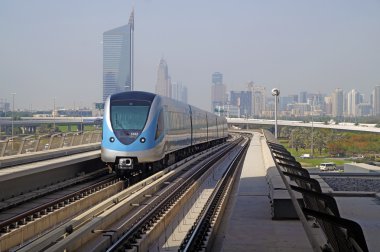 DUBAI, UAE - JUNE 2015 : Dubai Metro. A view of the city from the subway car  Dubai Metro as world's longest fully automated metro network (75 km) on June 16, 2015  Dubai, UAE.