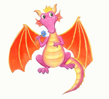 Şirin fantezi ejderhası komik pembe bir sürüngendir. Kanatlı tarih öncesi sihirli dinozor. Beyaz üzerinde izole çocuklar için suluboya illüstrasyon.