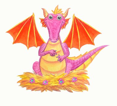 Yuvadaki sevimli fantezi ejderhası komik pembe bir sürüngendir. Kanatlı tarih öncesi sihirli dinozor. Beyaz üzerinde izole çocuklar için suluboya illüstrasyon.