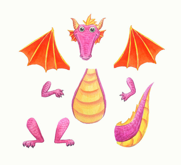 Constructor from elements fantasy dragon- a game with a cute pink reptile. Prehistoric magic dinosaur with wings. Watercolor illustration for children play isolated on white.